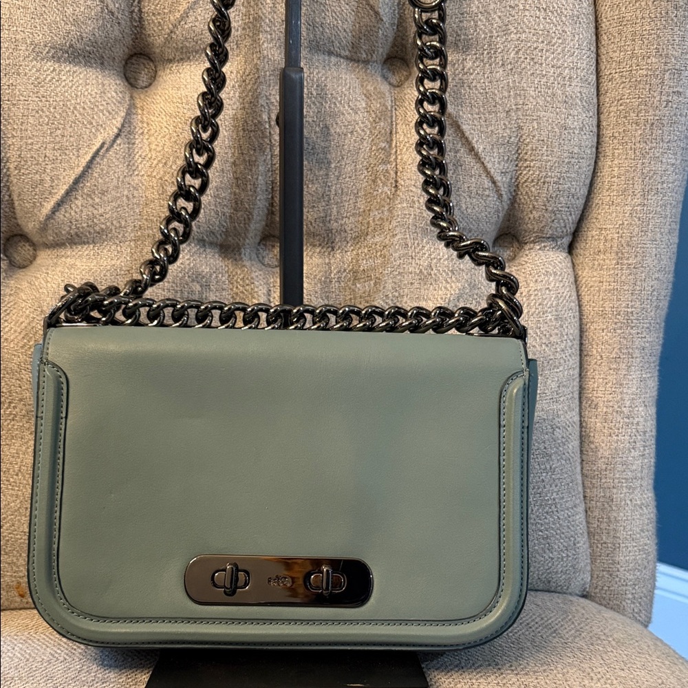 Teal Leather & Chain Coach Shoulder Bag